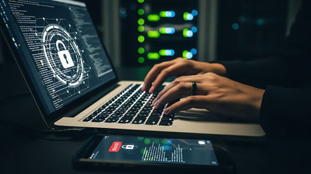 Close up of hacker using laptop to steal data from server room.の素材