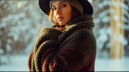 Winter portrait of a beautiful young woman in a hat and scarf.の素材