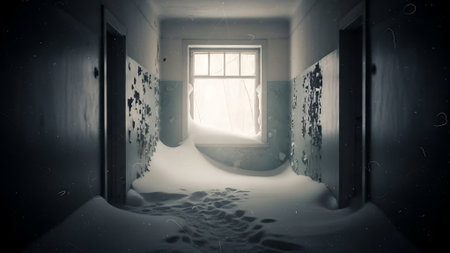 Abandoned house with a window in the snow. 3d renderingの素材
