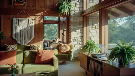 Interior of modern living room with green sofa, coffee table and plantsの素材
