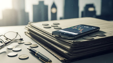 smartphone with financial chart on the table in office, stock market conceptの素材
