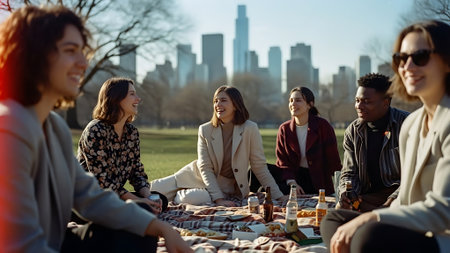 Group of friends having a picnic in a park on a sunny dayの素材