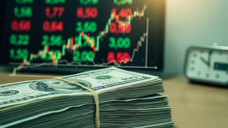 Dollars on the table in front of the monitor of stock market.の素材