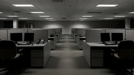 3D render of a modern office interior with computers and equipment.の素材