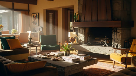 Interior of a modern living room with a fireplace and armchairsの素材