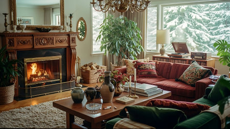 Living room with fireplace, sofa, armchair, books and plantsの素材