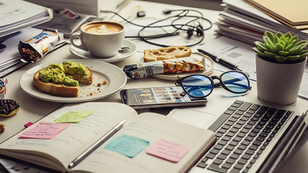 Business Objects in the office on the table: coffee, sandwich, laptop, glasses and other thingsの素材