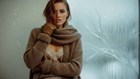 Beautiful young woman in a warm sweater and scarf on the background of the window.の素材
