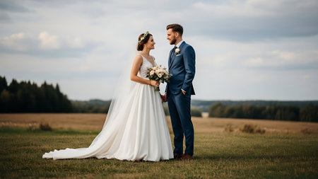 Beautiful wedding couple, bride and groom posing in the field.の素材