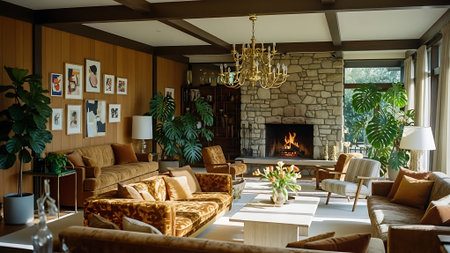 interior of modern living room with fireplace, sofa and armchairsの素材