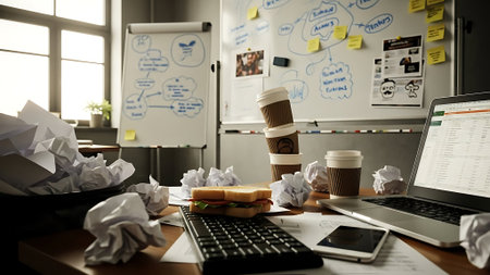 Laptop with crumpled paper and coffee cup on table in officeの素材