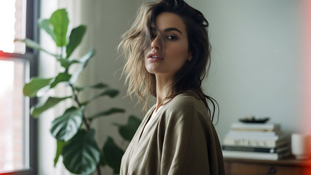 Portrait of beautiful young woman with makeup in fashion clothes indoors.の素材