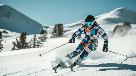Skier skiing downhill during sunny day in high mountains. Winter sport.の素材