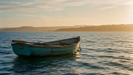 Fishing boat in the sea at sunset. Beautiful landscape with a fishing boatの素材