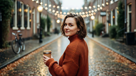 Portrait of a beautiful young woman in a red sweater with a cup of coffee in the city.の素材