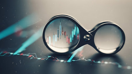Futuristic glasses on the background of a stock chart. 3d renderingの素材