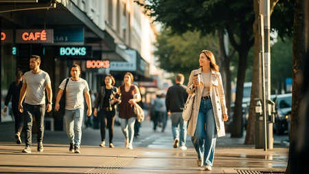 Beautiful young woman walking on the street in the city and using mobile phoneの素材