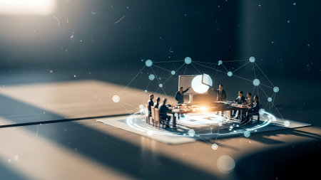 Group of business people working together on laptop with glowing hologram screen 3D renderingの素材