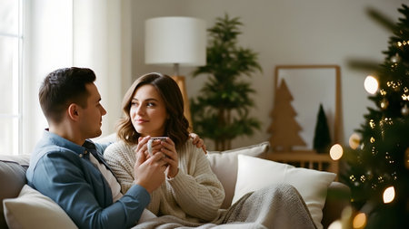Happy young couple sitting on sofa in decorated living room and drinking coffeeの素材