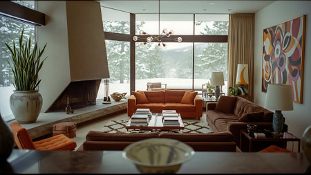 Interior of a modern living room with a beautiful view. 3d renderingの素材
