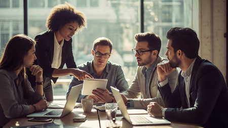 Multiethnic group of business people working together in the office.の素材