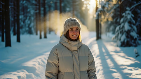 Beautiful woman in winter forest. Happy young woman walking in winter forest.の素材