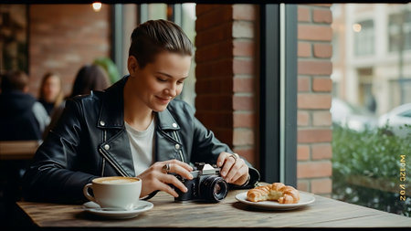 Young woman taking photo of croissant and cup of coffee in cafeの素材