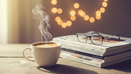 Coffee cup with newspaper and eyeglasses on wooden tableの素材