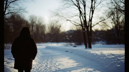 A woman in a warm coat walks through a snow-covered park.の素材