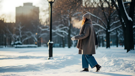 A young woman in a warm coat walks in the winter park.の素材
