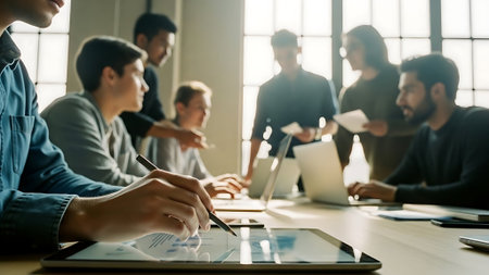 Group of business people working together with tablet computer in modern office.の素材