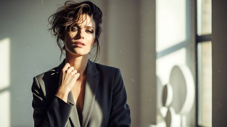 Portrait of a beautiful young brunette woman in a black suitの素材