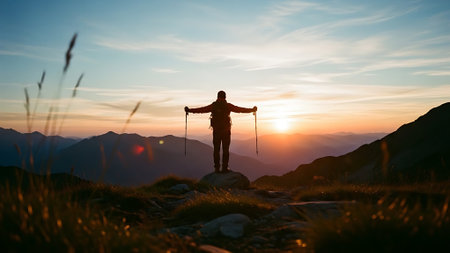 Hiker with backpack and trekking poles standing on top of a mountain at sunset.の素材