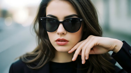 Close up portrait of beautiful young brunette woman in black sunglasses.の素材