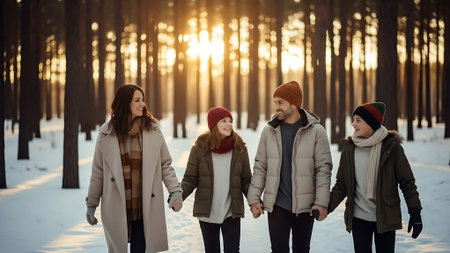 Group of friends walking in the winter forest, holding hands and smiling.の素材