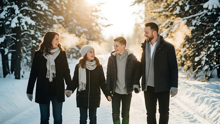Young family walking in the winter forest. Happy parents with their children.の素材