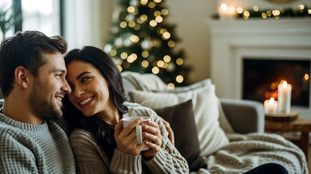 Couple in love sitting on a sofa with a cup of hot drink at homeの素材