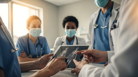 group of doctors discussing x-ray image on tablet computer in hospitalの素材