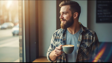 Handsome young bearded man drinking coffee and looking out the windowの素材