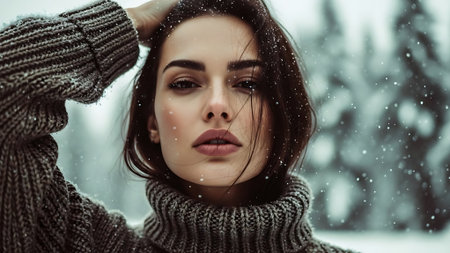 Winter portrait of young beautiful woman in knitted sweater. Snowfall.の素材