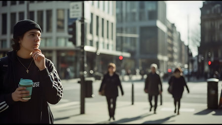 young handsome hipster man in black beanie and sunglasses in the cityの素材
