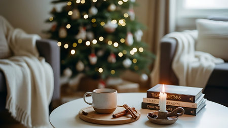 Cup of coffee, books and candle on table in room decorated for Christmasの素材