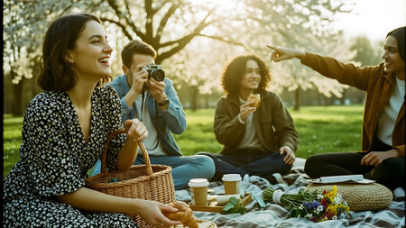 Group of happy friends having picnic in the park. Cheerful young people having a picnic outdoors.の素材