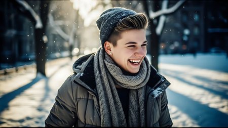 Portrait of a handsome young man in winter clothes laughing outdoors.の素材