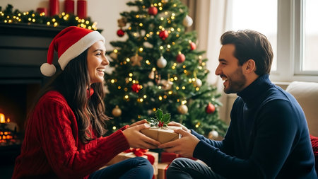 Beautiful young couple in love is sitting on the couch near the Christmas tree and holding a gift box.の素材