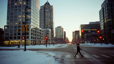 A man crosses the street in downtown Toronto, Ontario, Canada.の素材