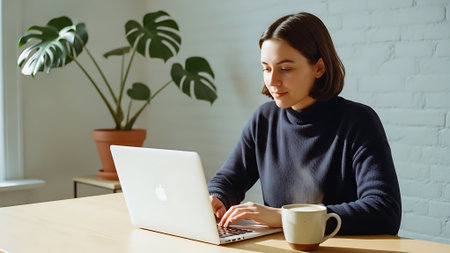 Beautiful young woman working on laptop and drinking coffee at home.の素材