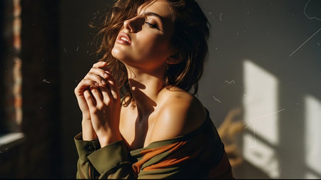 Portrait of beautiful young woman with makeup in fashion clothes indoors.の素材