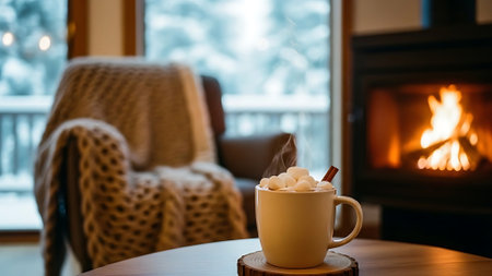 Cup of hot cocoa with marshmallows and cinnamon stick on wooden table in front of fireplaceの素材