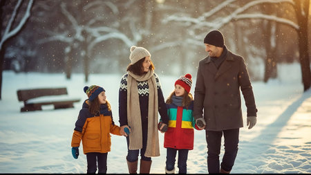 Happy family walking in winter park. Mother, father and children spending time together.の素材
